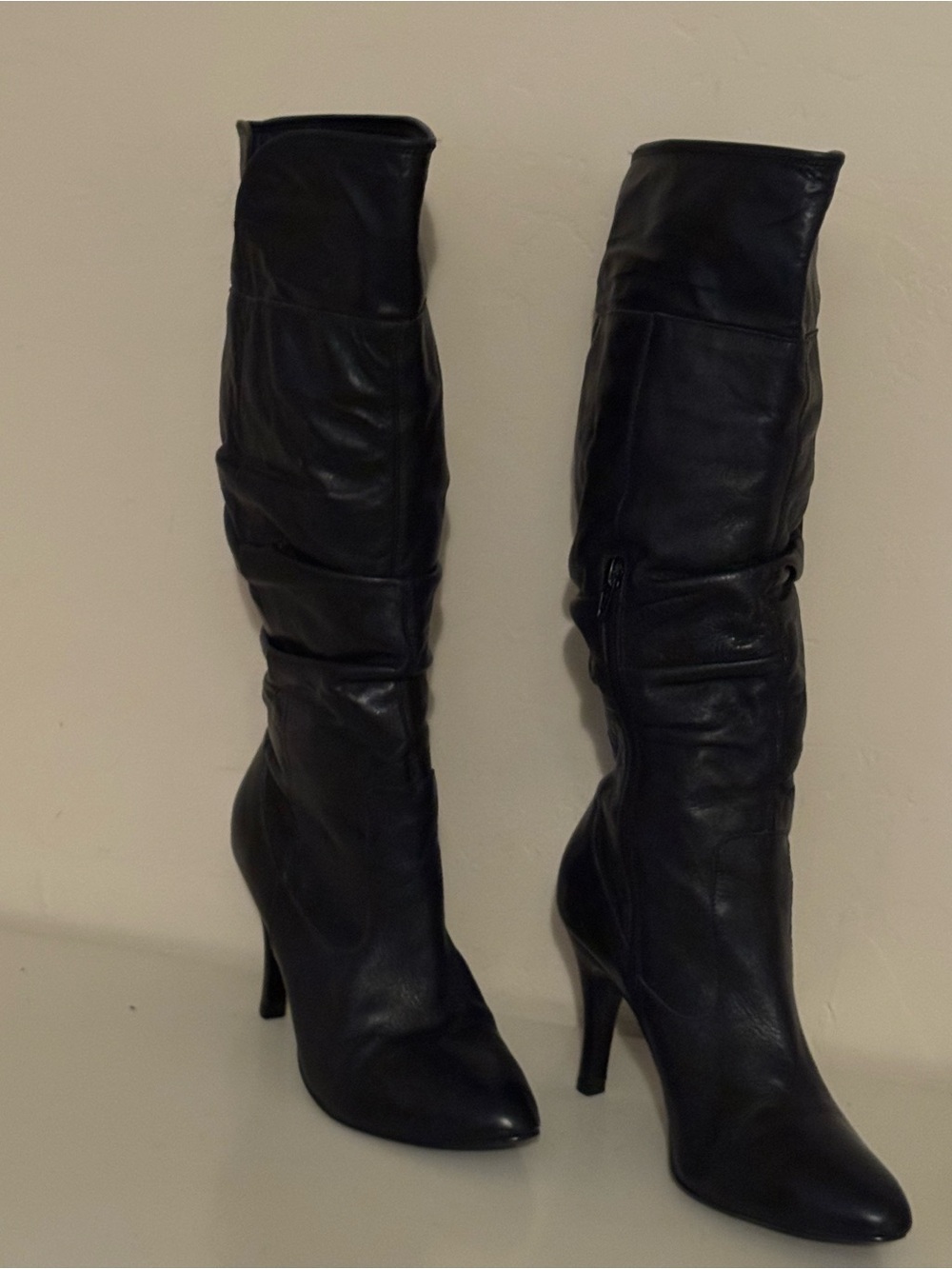 Steve Madden Selia Black Knee-High Leather Boots - Women's Dress Heeled Boots